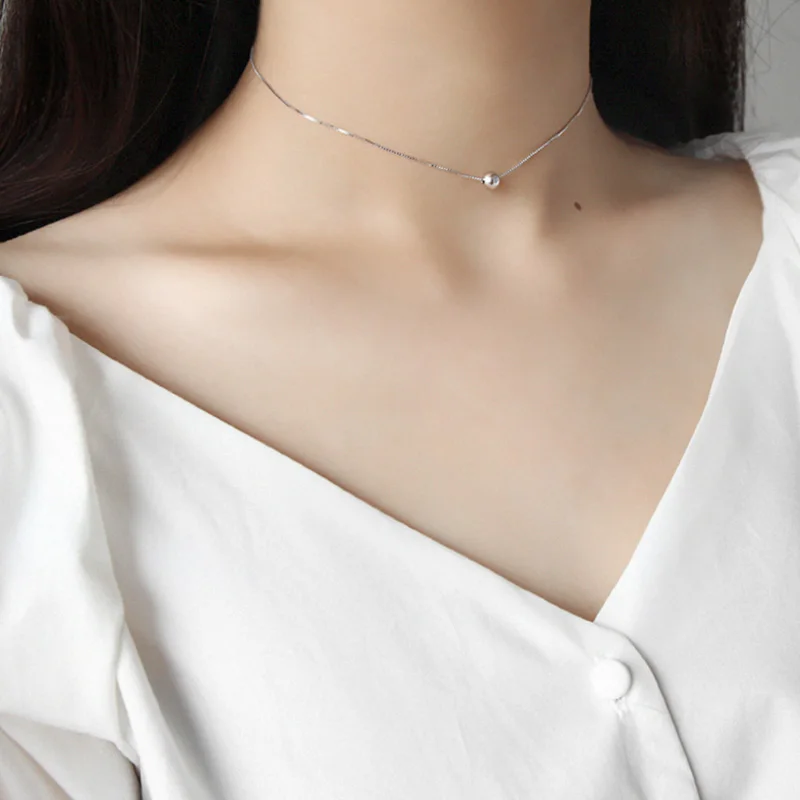 

100% S925 Sterling Silver Beads Pendant Necklace 2019 Hot Sell Simple Design Ball Ladies Short Chain Necklace&Pendants