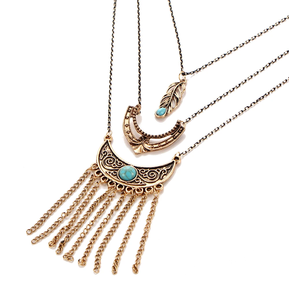 Если мне модные Винтаж кисточкой 3 слоя многослойная длинная цепочка Геометрия