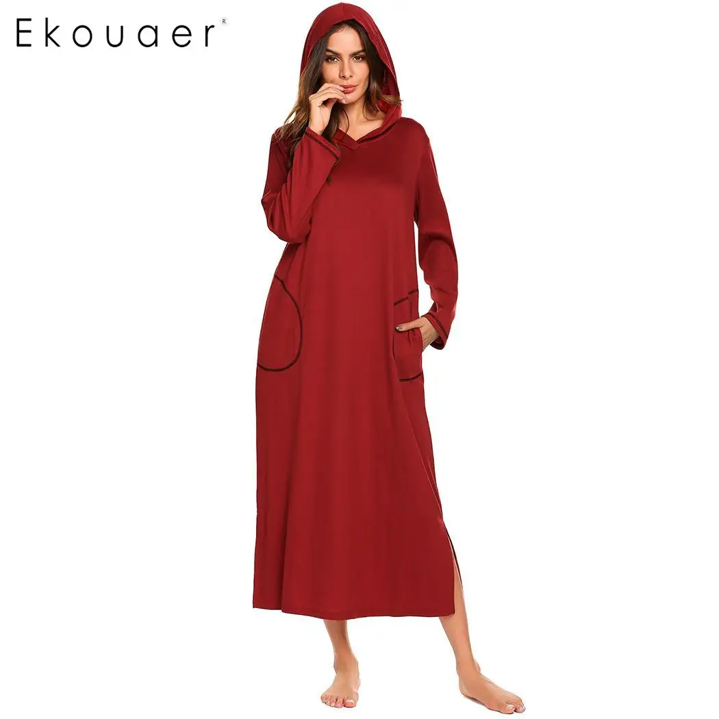 Ekouaer, длинные ночные рубашки, одежда для сна, женское платье с длинным рукавом, Свободный пуловер с капюшоном, ночная рубашка, Женская сорочка, ночная сорочка, осеннее платье