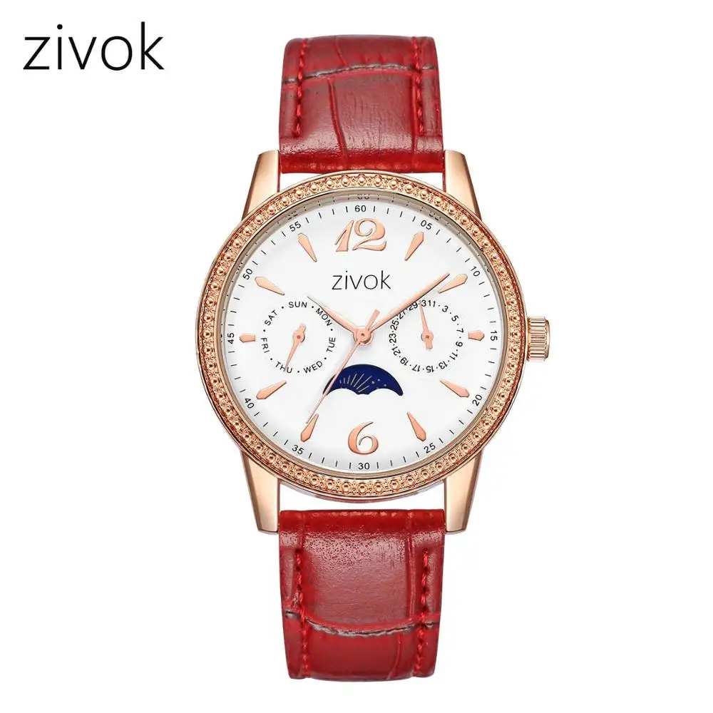 Красный ZIVOK женские часы брендовые Модные Простые Moon phase маленькие кожаные часы кварцевые наручные часы montre femme - Цвет: Красный