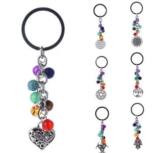 DIEZI 8mm Fashion Multicolor Yoga Healing Natural Stone 7 Chakra Pray Keychain Car Key Chain Ring Ow in USA (United States)