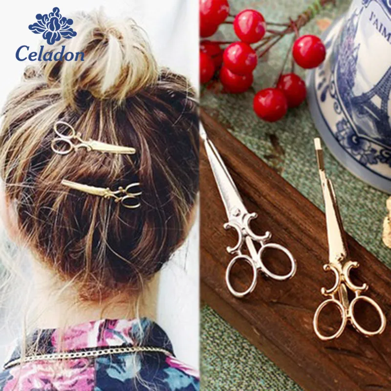 Заколка для волос женская золотистая серебристая в форме ножниц пробы |