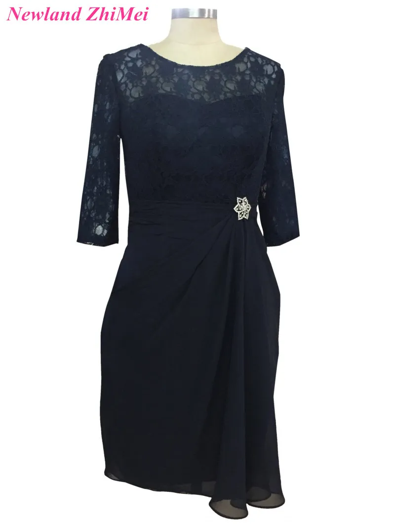 Темно синие по колено для матери невесты платье с рукавами три четверти Винтаж