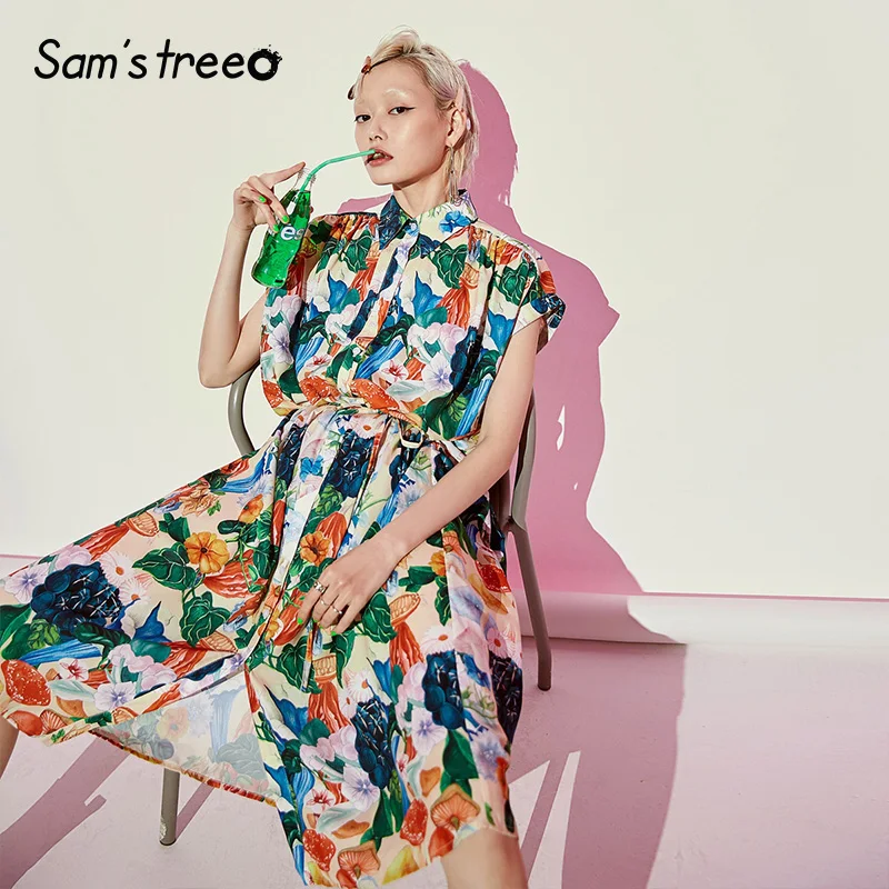 Samstree, женские платья с цветочным принтом, модные, с квадратным воротником, на шнуровке, женские платья до середины икры,, летние, повседневные, праздничные платья