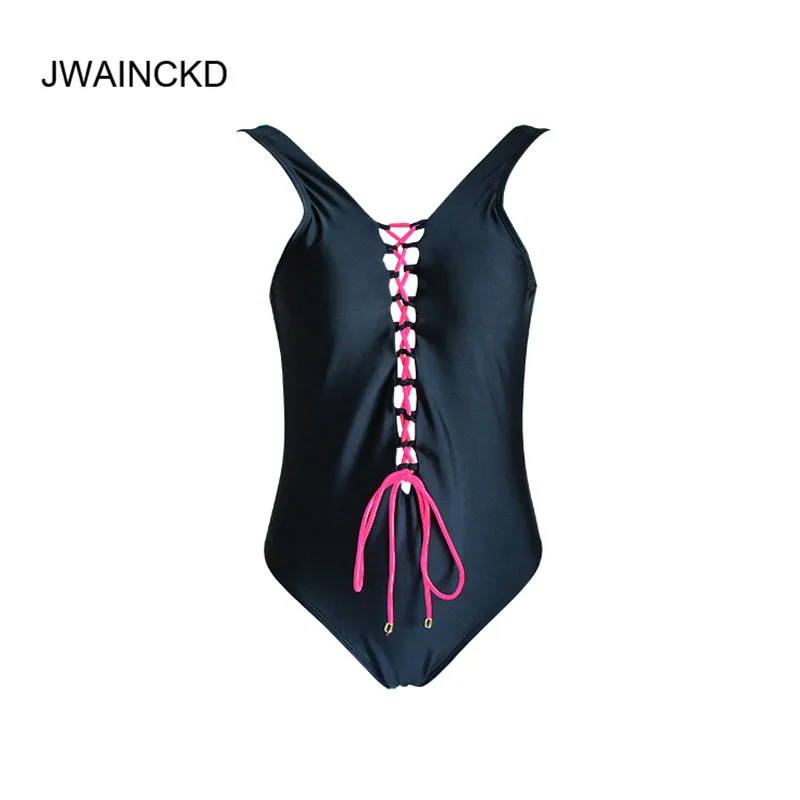 

JWAINCKD 2019 Sexy One Piece Swimsuit Female Swimwear Women Solid Black Backless Front Strap Warp String Bikinis Bathing Suit XL