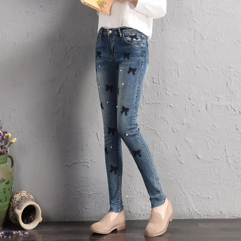 Винтажные синие джинсы с высокой талией и жемчугом женские повседневные тонкие