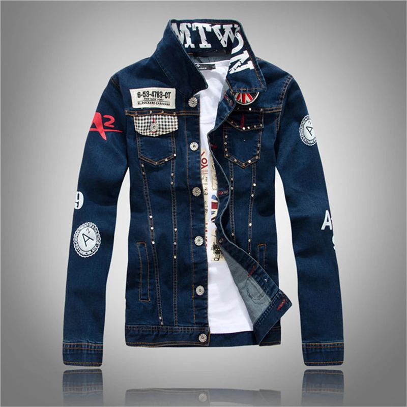 

Print Patch Denim Jean Jacket Men Hip Hop Casual Fit Slim Button Solid Color Jackets Male Dark Blue Coat Autumn 168