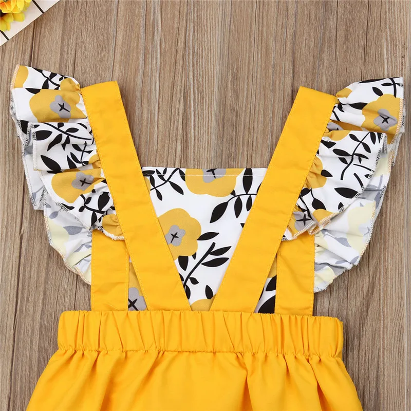 

Sweet Newborn Baby Girl Floral Romper Jumpsuit Summer Fly Sleeve Splice Yellow One Piece Clothes Outfit