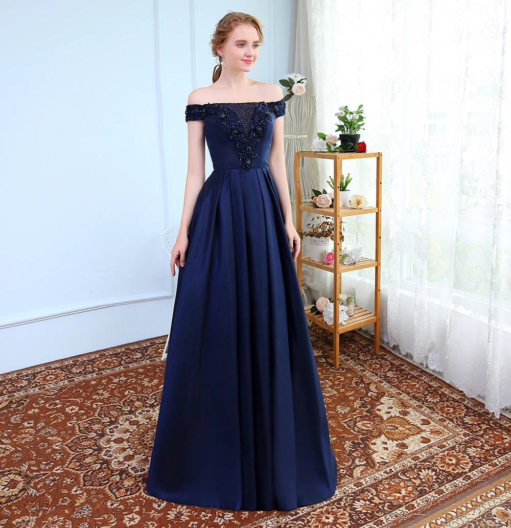 Просвет для банкета изящный темно синий атласное вечернее платье невесты длиной