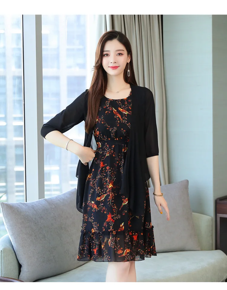 Elegant Floral Chiffon Two Piece Set Dresses Summer Vintage 4XL Plus Size Print Midi Sundress Women Bodycon Party Vestidos