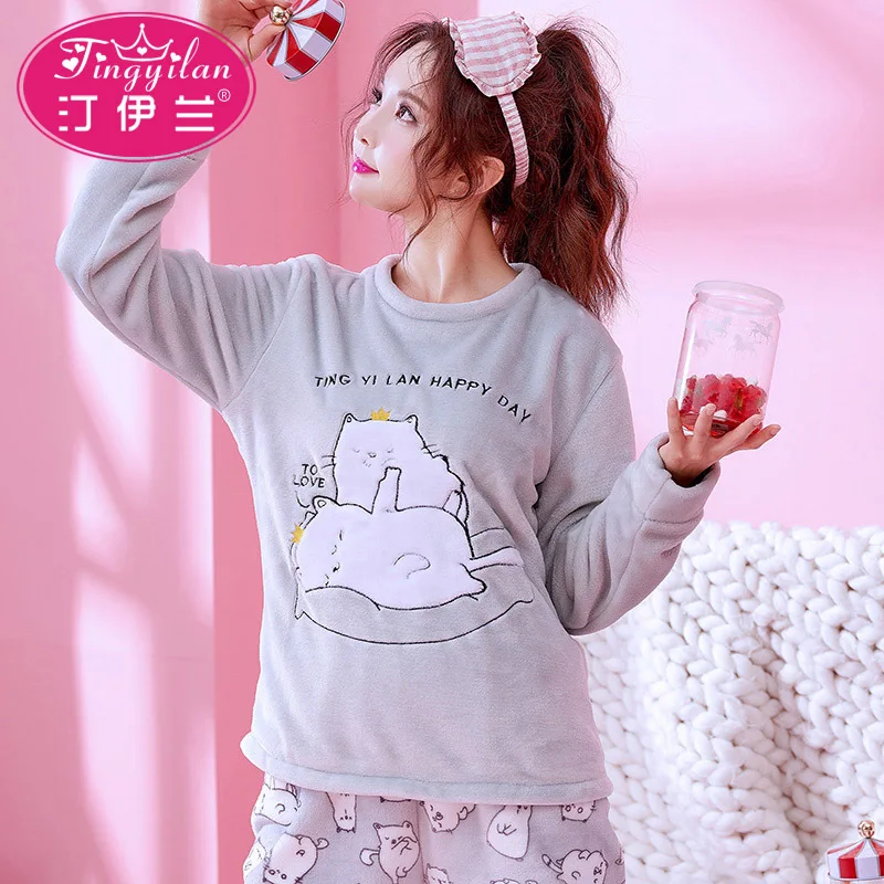 Warm Pyjamas Осень-зима, женские пижамные комплекты, толстый теплый коралловый бархатный Пижамный костюм, фланелевая длинная Пижама, Mujer, мультяшная Пижама с надписями и животными - Цвет: Warm Pyjamas