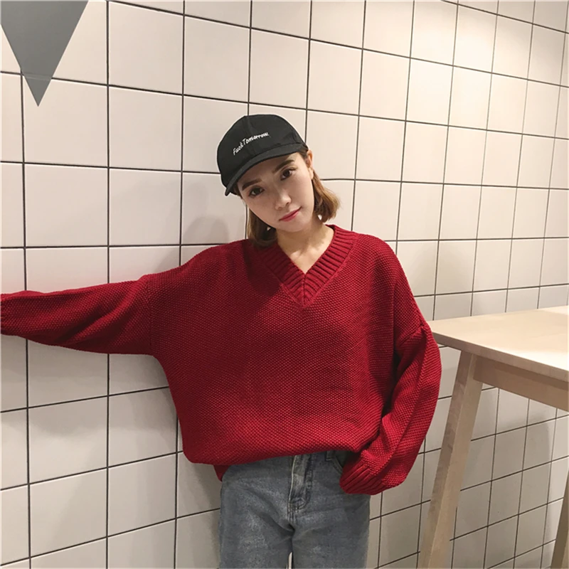 RUGOD Korean Style Casual Sweater Crocheted Pullover Women 2018 Fashion Spring Sexy V neck Long Sleeve Loose Jumper | Женская одежда