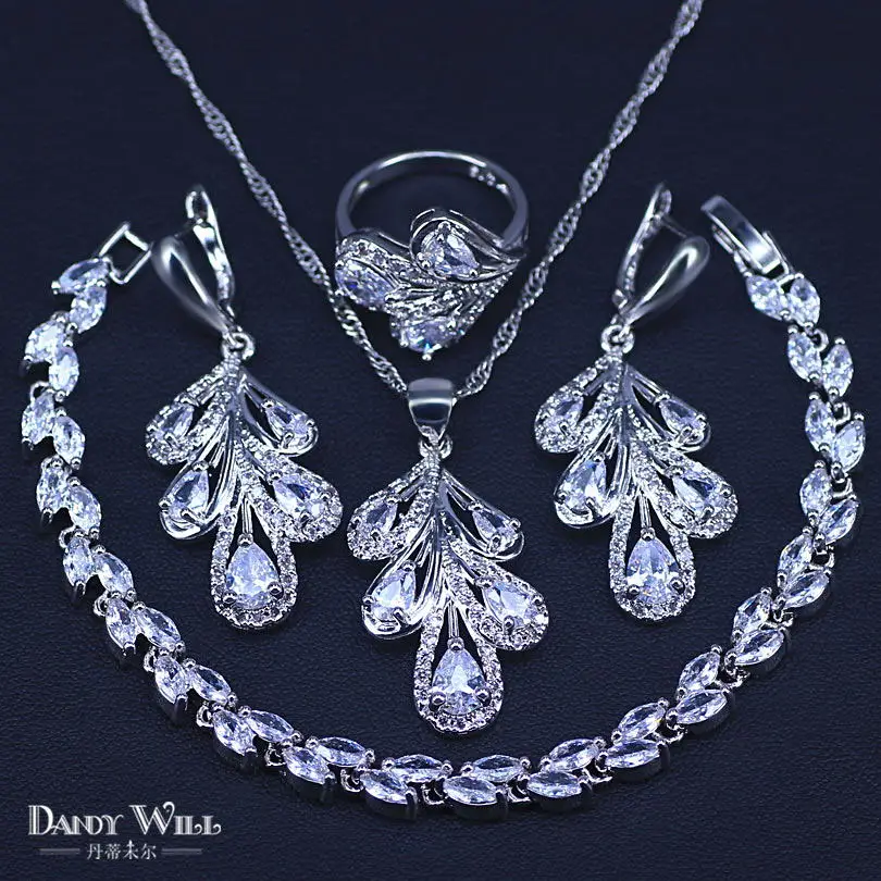 Jewelry Set 4 шт большой лист многоцветные элегантные женские вечерние браслеты из стерлингового серебра 925 кубического циркония Ожерелье Браслеты, набор ювелирных украшений - Окраска металла: Jewelry Set