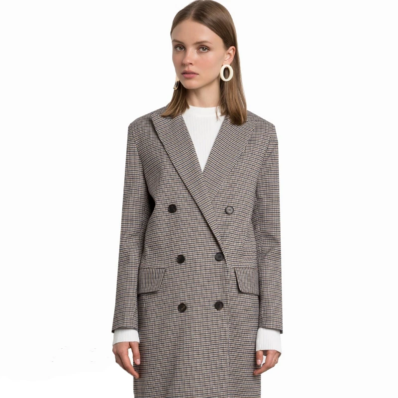 Тренч HDY Haoduoyi женский серый двубортный с широкой талией|plaid trench coat|plaid trenchbrand coat |