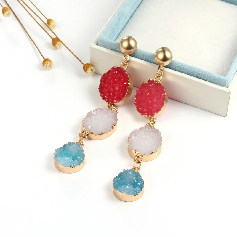 

1Pair Bohemia Drusy Round Oval Pendant Dangle Earings Quartz Color Stone Drusy Druzy Earrings For Women Jewelry Long Earings