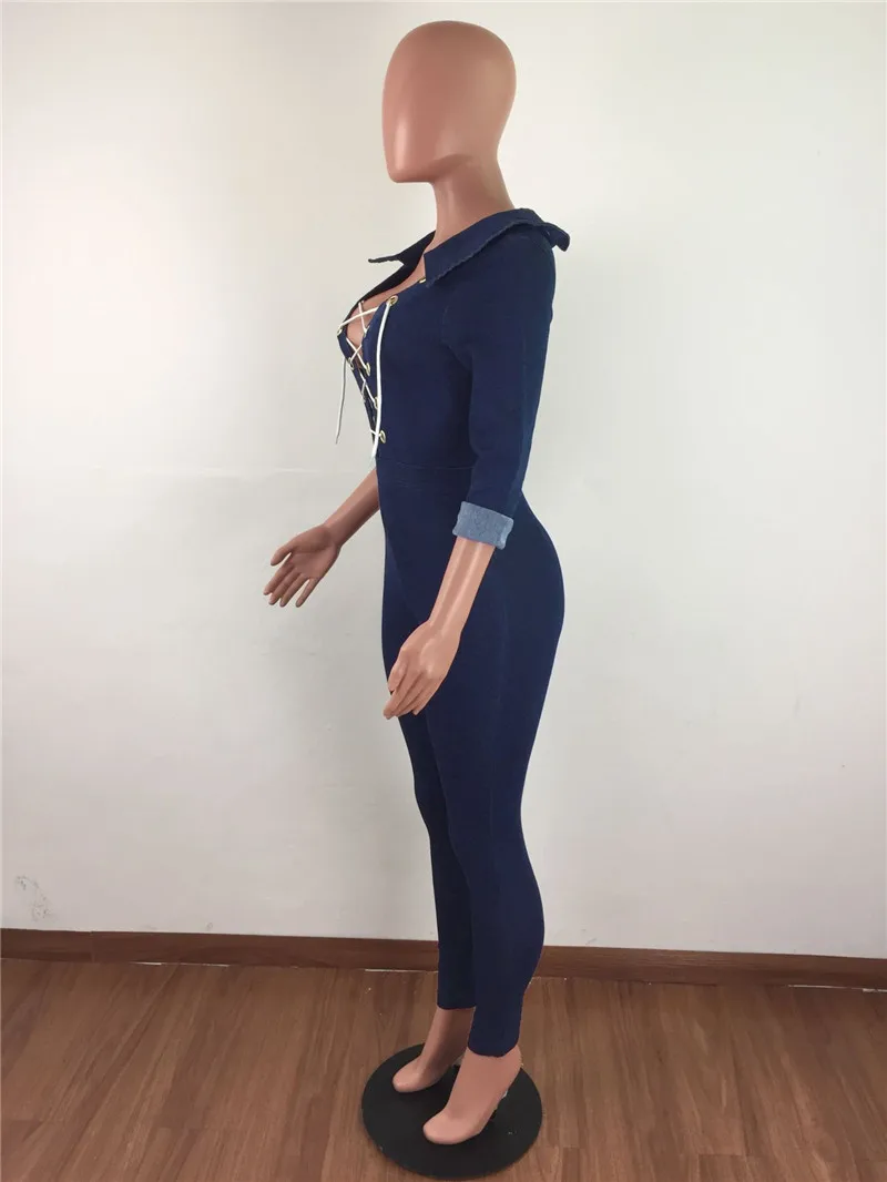 Сексуальный джинсовый комбинезон женский с длинным рукавом спереди на шнуровке