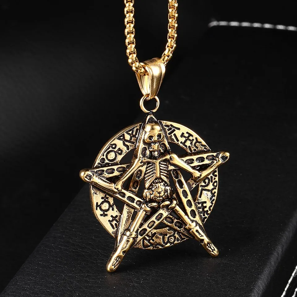 RIR Gothic Silver Gold Skull Five-pointed Star Satanic Pendant Necklace Punk Rock Style Round Pendant For Men Fashion Jewelry