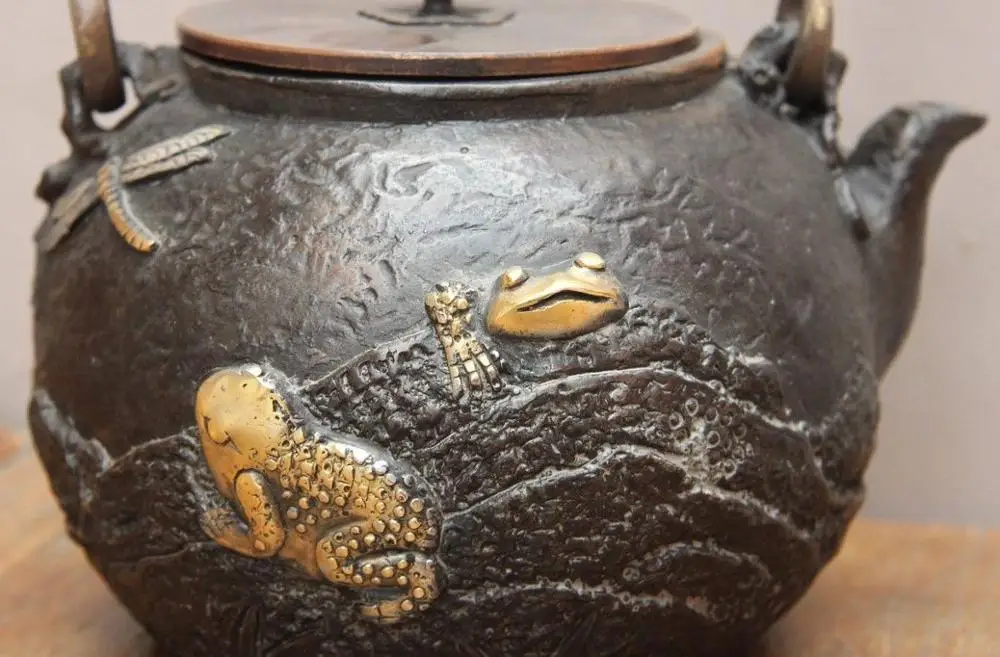 Archaic японский старый железный Серебряный позолоченный Стрекоза Лягушка Flagon