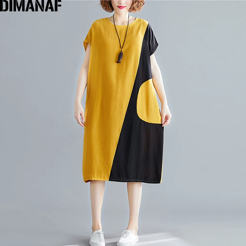 DIMANAF женское платье большого размера, модное лоскутное женское платье Vestidos, свободное базовое летнее платье из хлопка, большой размер