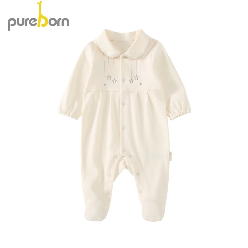 beige star Pureborn/пижамы для новорожденных; хлопковая одежда с рисунком для маленьких мальчиков и девочек; весенне-Осенние костюмы - Цвет: beige star