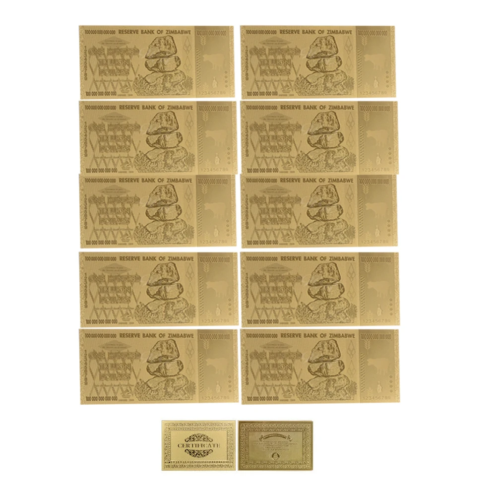 

10 Pcs/lot Wholesale One Hundred Trillion Dollars Zimbabwe Gold Banknote Plated Fake Notes for Souvenir