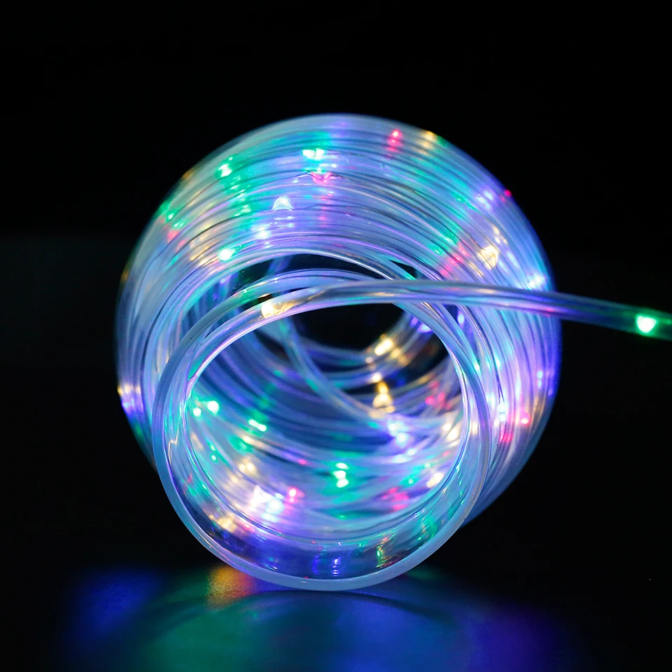 Светодиодная Радужная ленточка трубка на троссе 10 м 100Led батарея питание Водонепроницаемый Открытый Рождественский сад дорожка освещение изгороди с пультом дистанционного управления