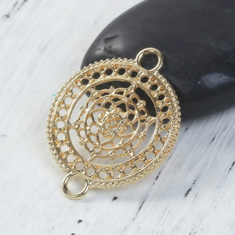 Doreen Box Zinc Based Alloy Buddhism Mandala Connectors Round Silver Color Gold Plated Hollow 37mm(1 4/8&quot) x 29mm(1 1/8&quot) 5 PCs |