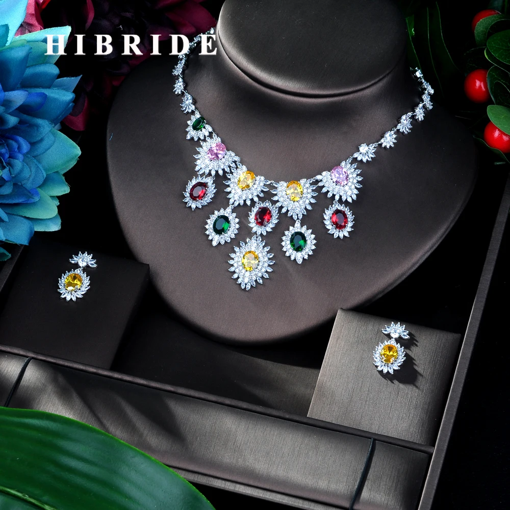 Элегантные блестящие высококачественные фианиты HIBRIDE, Разноцветные серьги/ожерелье, набор ювелирных изделий, женский подарок