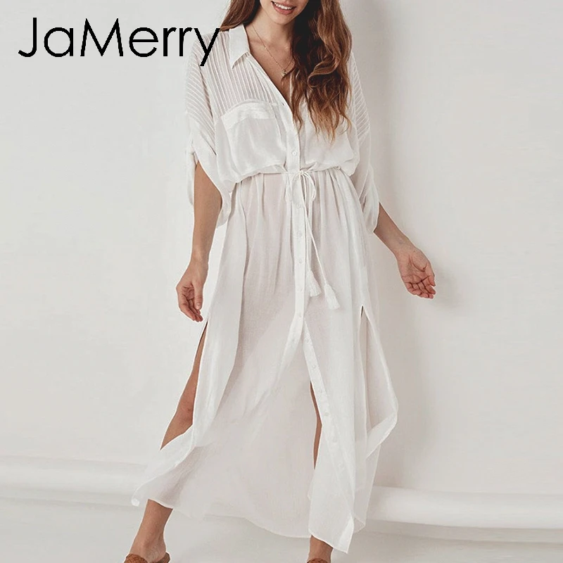 JaMerry однотонное белое хлопковое пляжное макси длинное платье Летнее женское