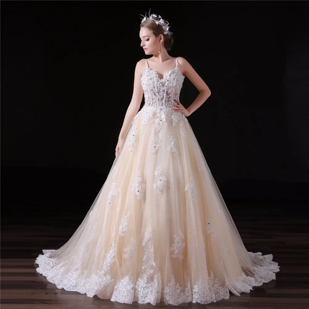 Шампанское Кружева свадебное платье 2018 Принцесса бальное на тонких бретелях