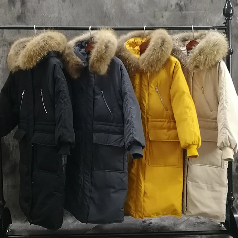 Large Real Fur Collar Hooded Long Down Parkas Winter White Duck Down Jacket Loose Overcoat Female Women Coat Snow Outwear