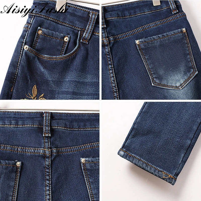 Джинсы Mom с вышивкой теплые брюки для женщин джинсы высокой талией женские