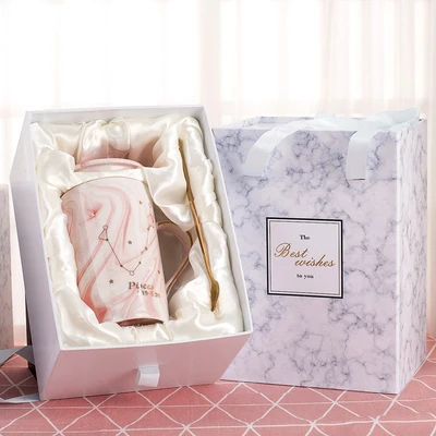 With gift box OUSSIRRO натуральный мрамор 12 созвездие керамическая розовая Зодиак кружка с крышкой кофейные кружки творческая личность чашка 400 мл без свинца - Цвет: With gift box