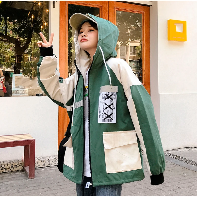 Plegie Harajuku Женская куртка большого размера в стиле пэчворк, весна, новая верхняя одежда, пальто в стиле хип-хоп, уличная одежда, свободные BF стильные куртки с капюшоном