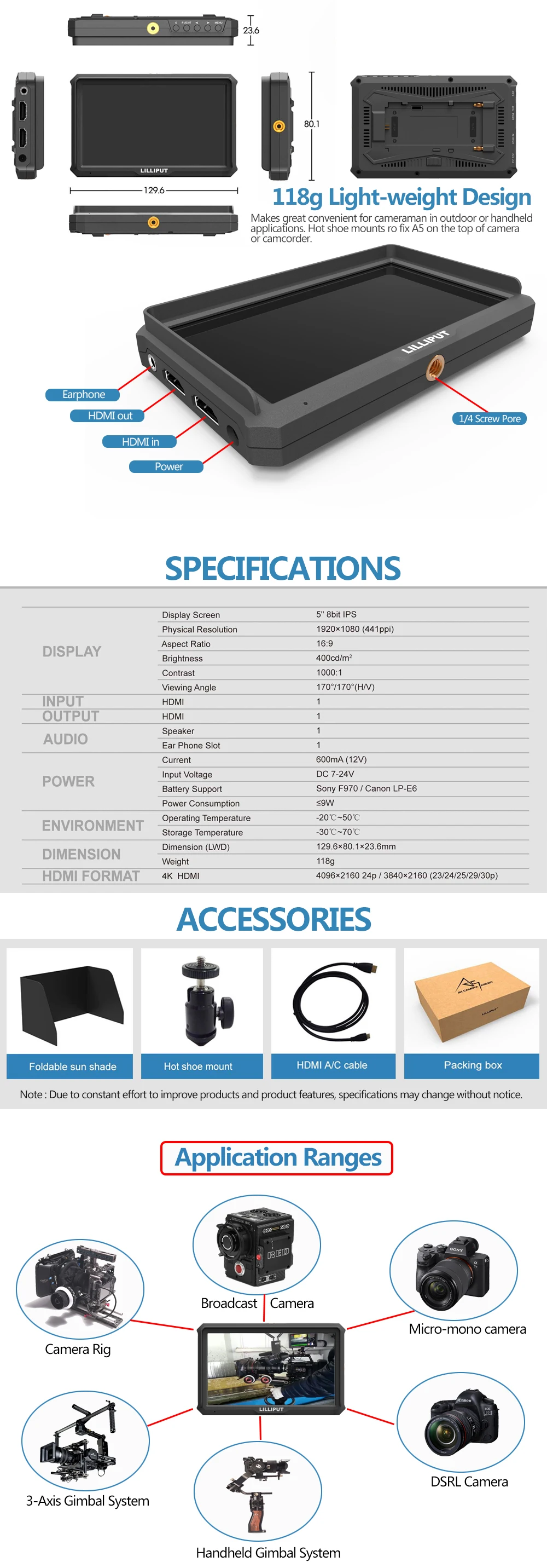 Lilliput A5 " ips 4K HDMI монитор камеры для DSLR или беззеркальной камеры, камера-топ полевой видео монитор