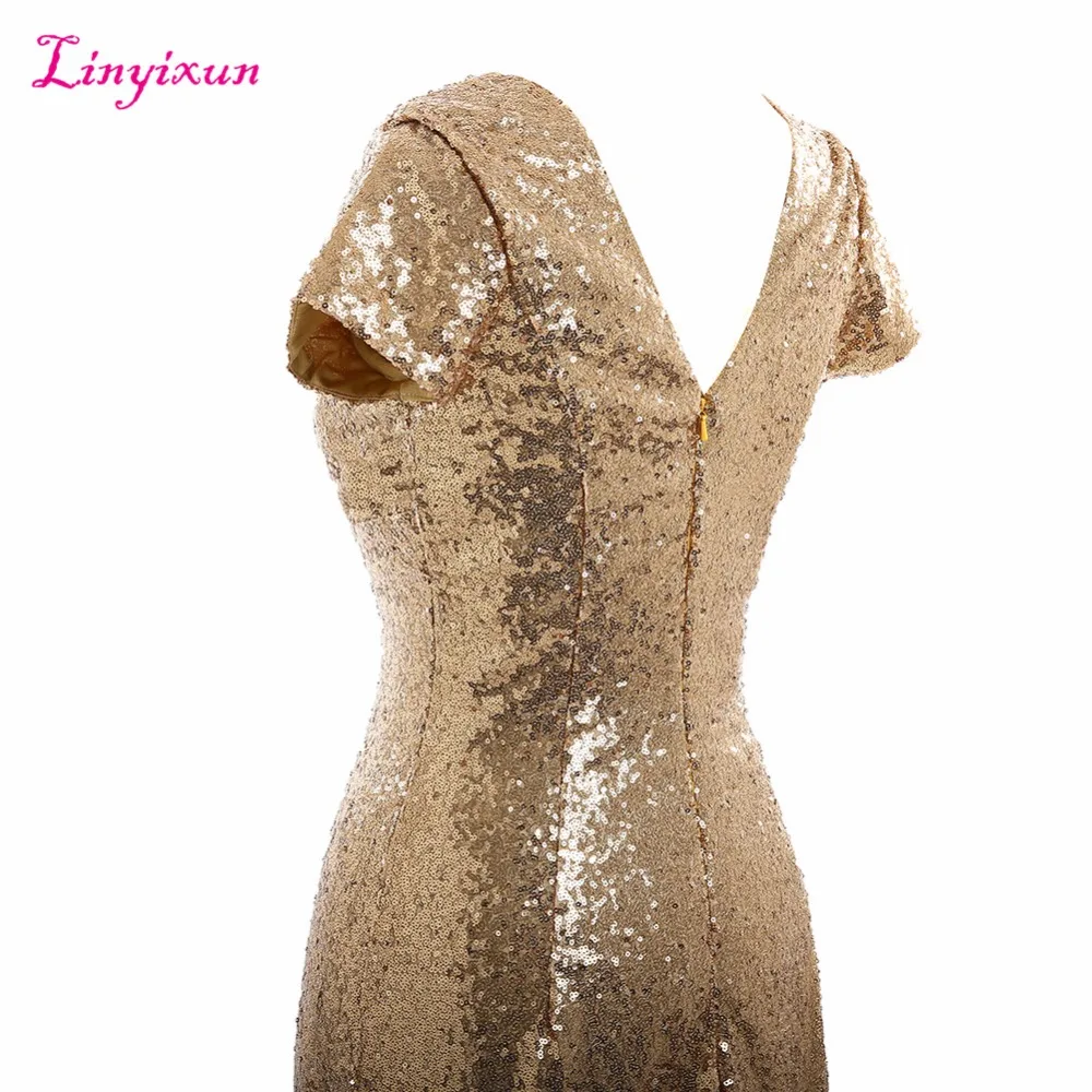 Платье подружки невесты Linyixun длинное платье цвета шампанского с блестками и