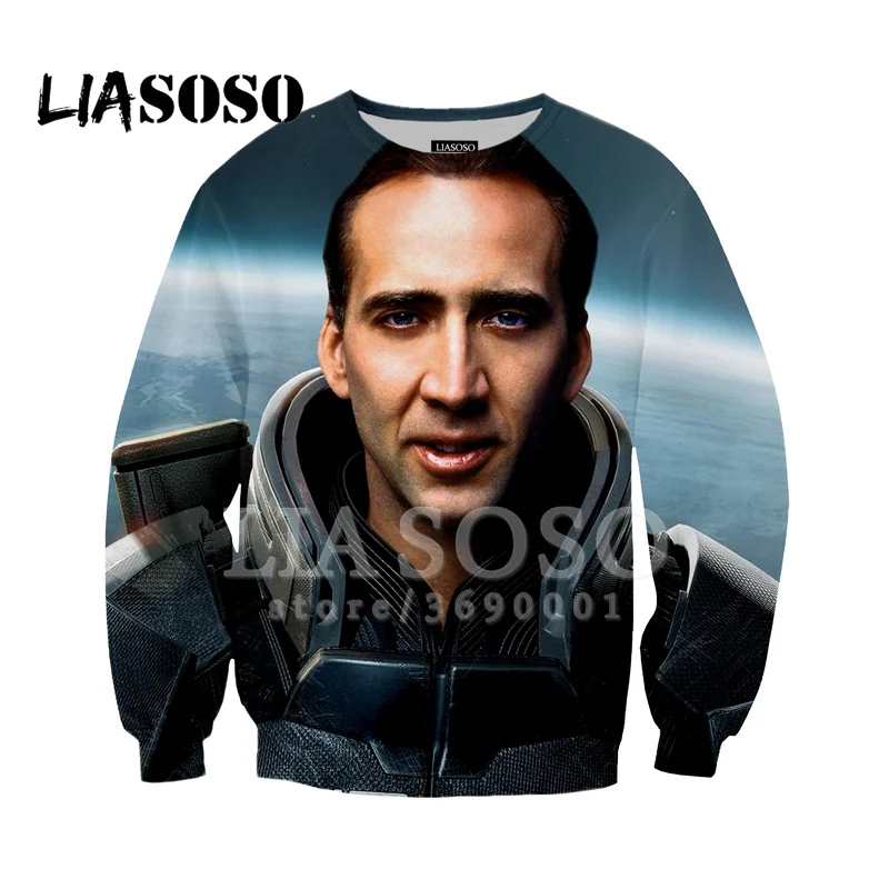 LIASOSO, новинка, толстовка, худи, 3d принт, Николя, клетка, смешное лицо, кинозвезда, для мужчин и женщин, повседневные пуловеры, круглый вырез, длинный рукав, X1394