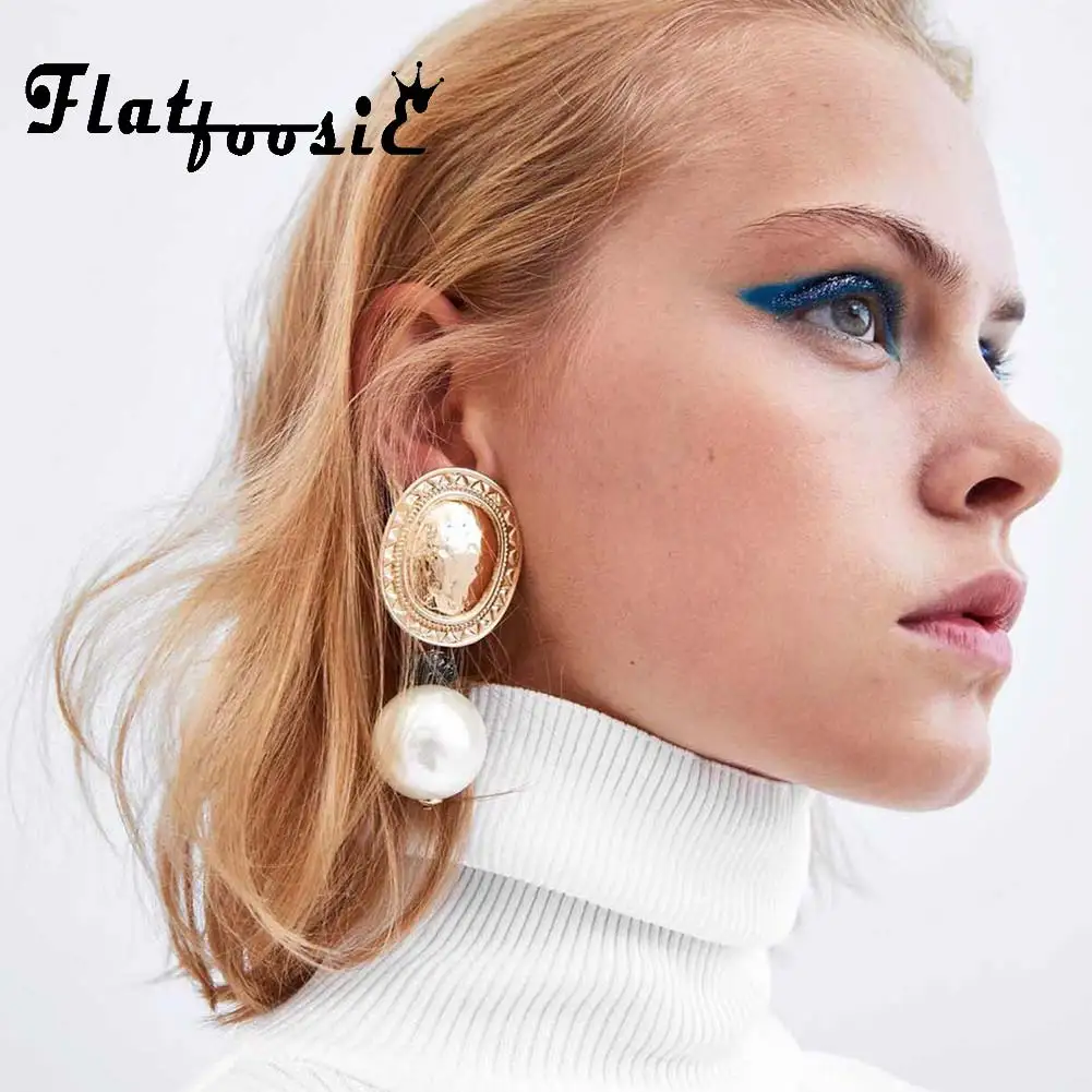 Flatfoosie ZA серьги-капли с искусственным жемчугом для женщин, модные золотые серьги-капли с круглой подвеской, свадебные ювелирные изделия