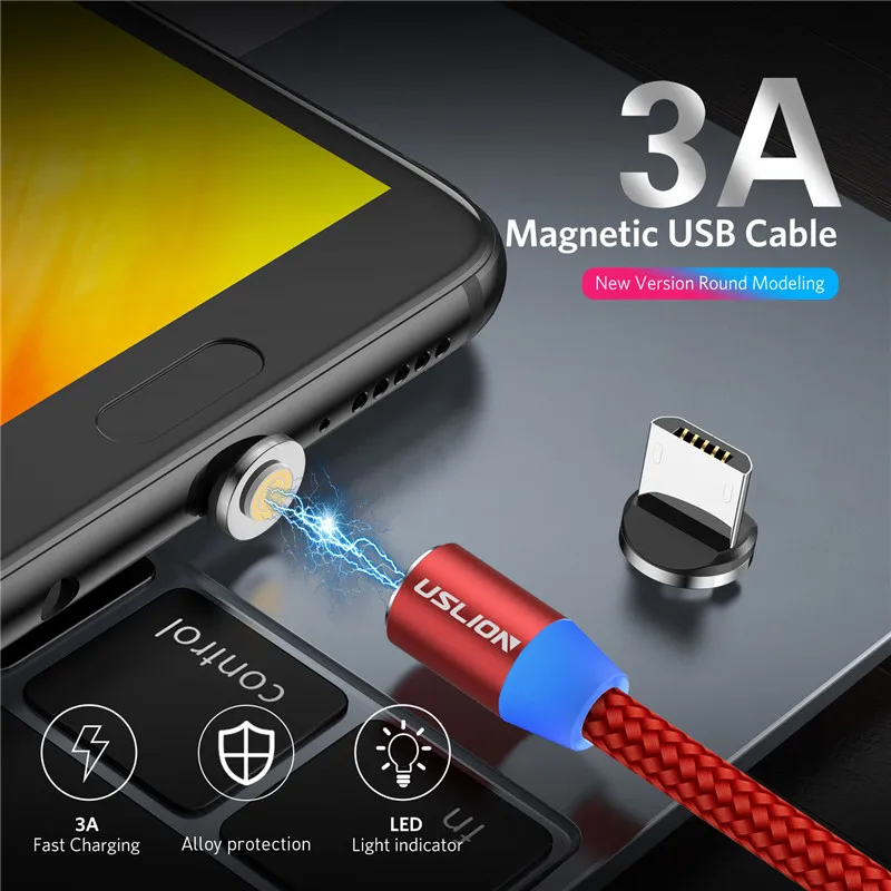 USLION Micro USB Магнитный кабель type-C Магнитный кабель для зарядки телефона 1 м 3 А Быстрая зарядка Android type C провод для huawei P30 samsung