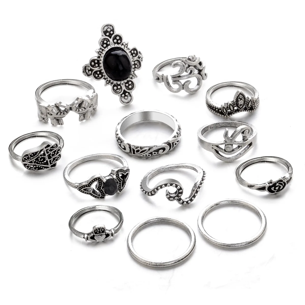 13 Pcs/Set Woman‘S Ring Retro Hand Flower Suit Elephant Crown Fashion Ladies decoration The New Wedding Friends Gift | Украшения и