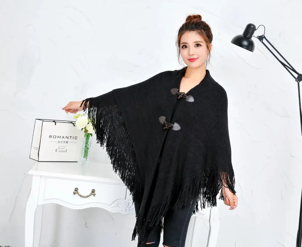 Новое поступление модное женское пончо с бахромой однотонная осенне зимняя шаль
