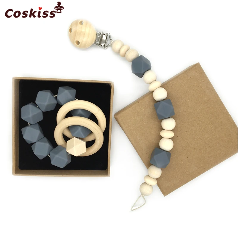 Anillo mordedor de madera para beb&eacute;, chupete de madera org&aacute;nico Montessori, juguete de cuentas de silicona, mordedor infantil sin BPA-4