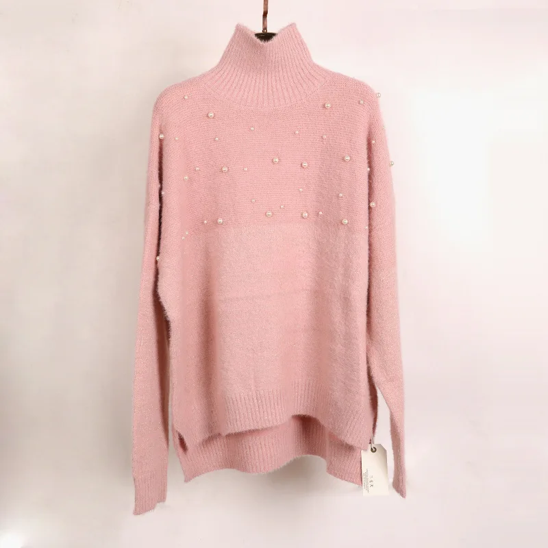 Turtleneck Women Sweater Long Sleeve Pearl Beading Pink Pullover Femme Kintted Pull | Женская одежда