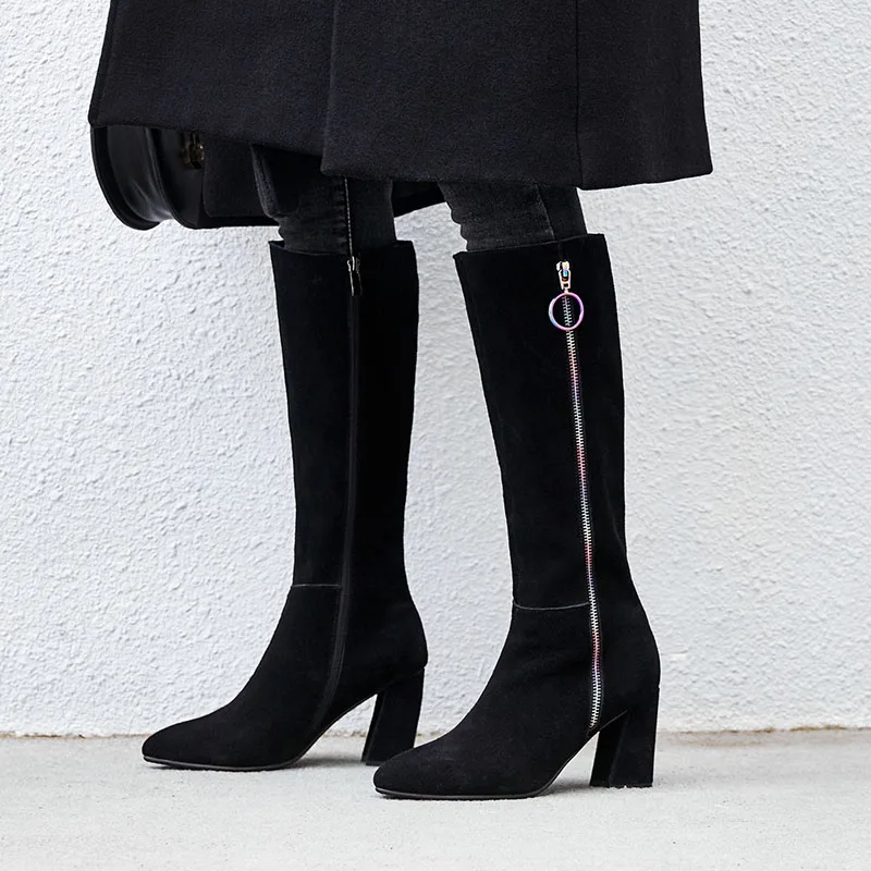 

ISNOM New Kid Suede High Heels Women Boots Pointed Toe Zip Footwear Knee High Female Boot Shoes Woman 2018 Winter Plus Size 43