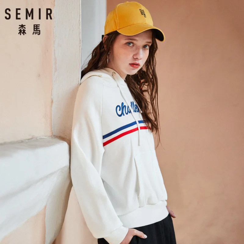SEMIR Женская флисовая полосатая толстовка с капюшоном карманом-кенгуру вышитый