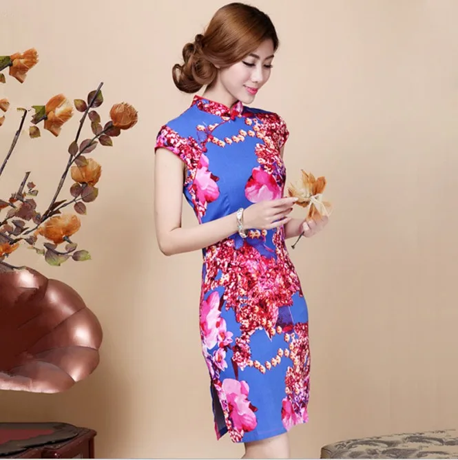 Многоцветный Китайские платья Ципао Cheongsam из хлопка и льна Mujer Vestidos размера плюс для женщин короткие 3XL 4XL 5XL летние Новое поступление - Цвет: Многоцветный