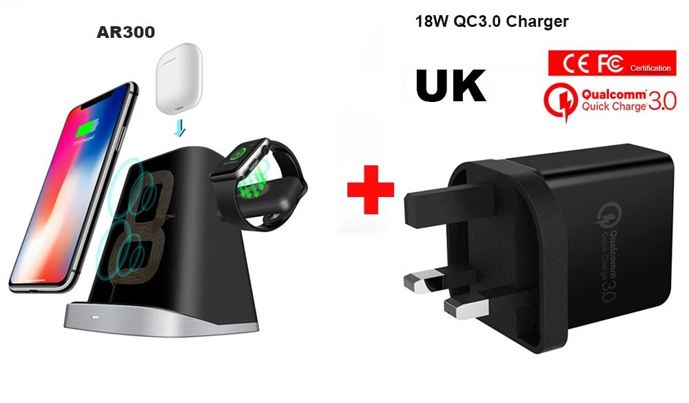 ADD QC3.0 charger UK 10 Вт Беспроводное зарядное устройство подставка для iPhone Apple Watch Airpods Быстрое беспроводное зарядное устройство для iWatch 1 2 3 - Тип штекера: ADD QC3.0 charger UK