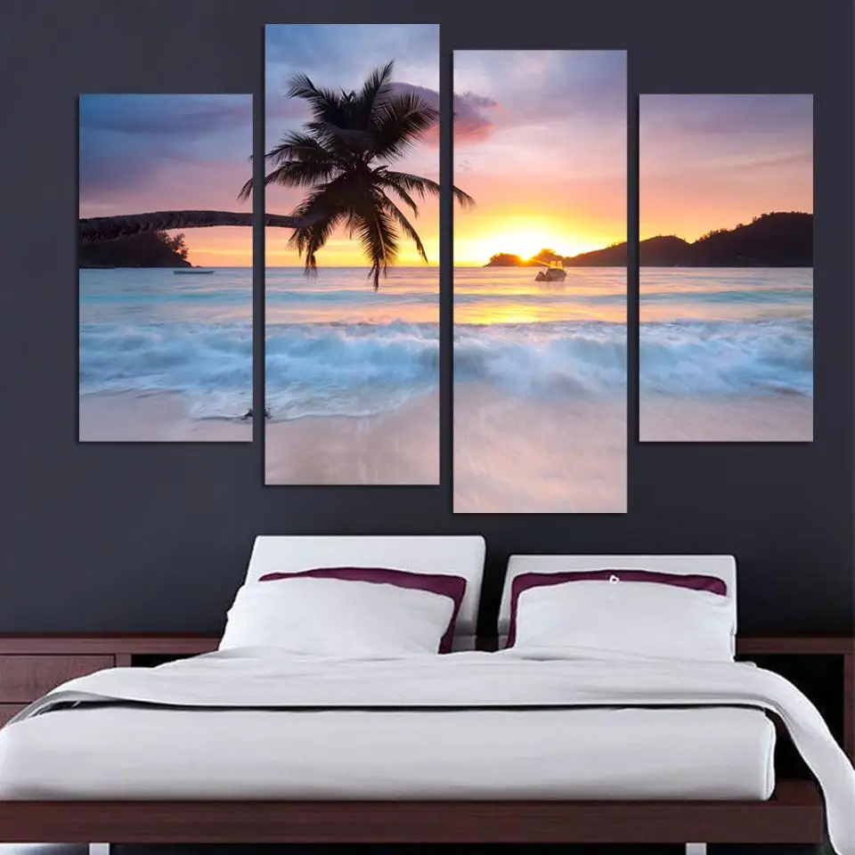 

Landscape Painting 4 Panel Ocean Sea Art Canvas Wall Hanging Art Sunset Yellow Picture Modern Living Room Decorative