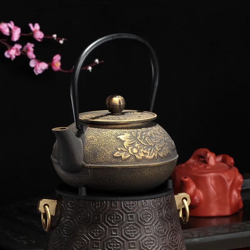 

Free shipping Japanese Cast Iron Pot Uncoated Iron Teapot Southern traditional golden Peony Big Kettle Drinkware Kung Fu tea pot