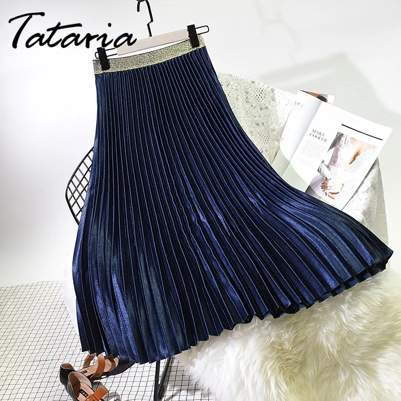 Tataria High Waisted Skirt for Women Spring Autumn Suede Long Pleated Skirts Casual Retro Solid Color Metallic | Женская одежда